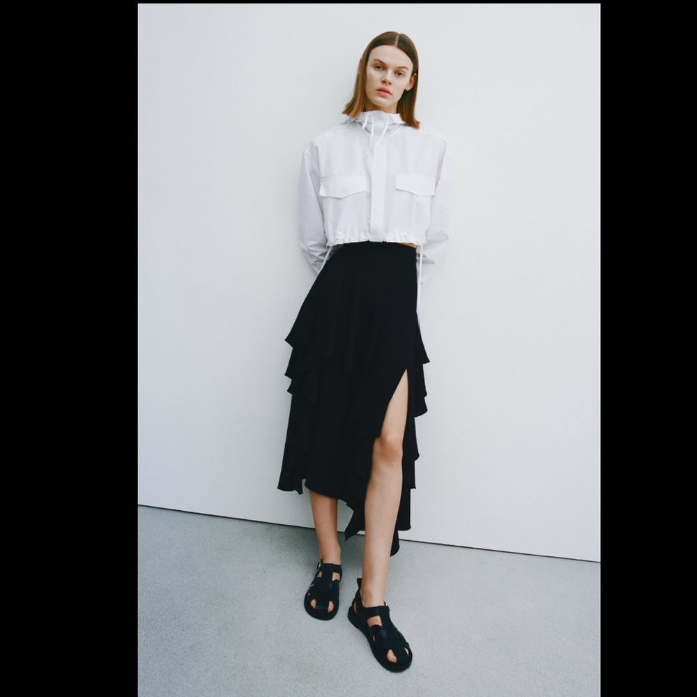Zara black ruffled midi skirt